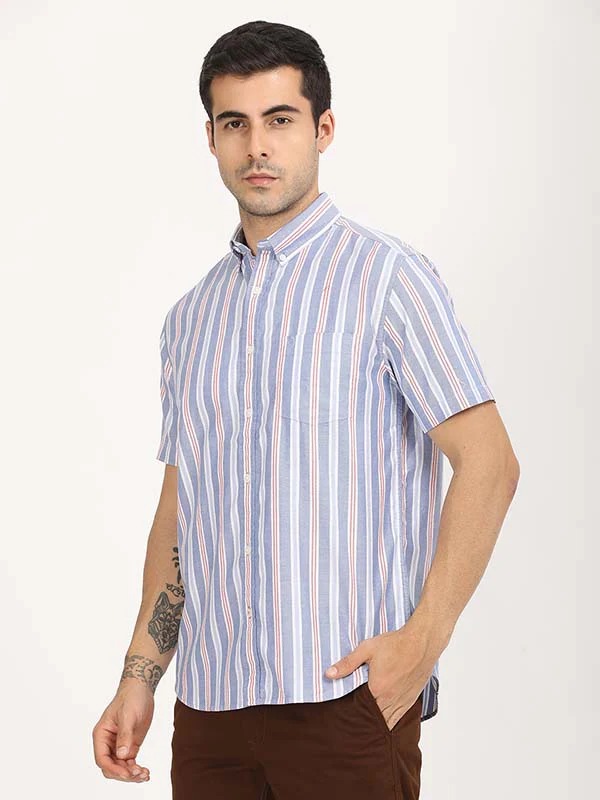 Indian Terrain Men's Regular Fit Half Sleeve Striped Blue Shirt